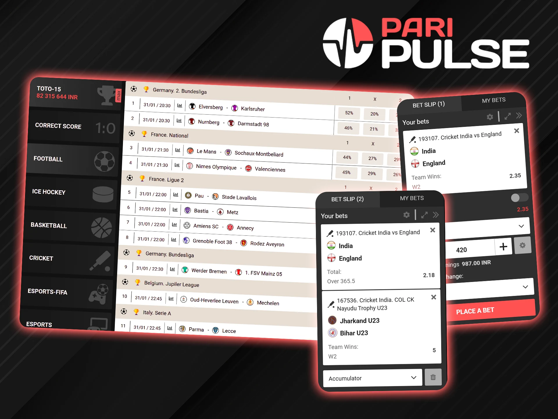 Single and accumulator bets can be placed on PariPulse.