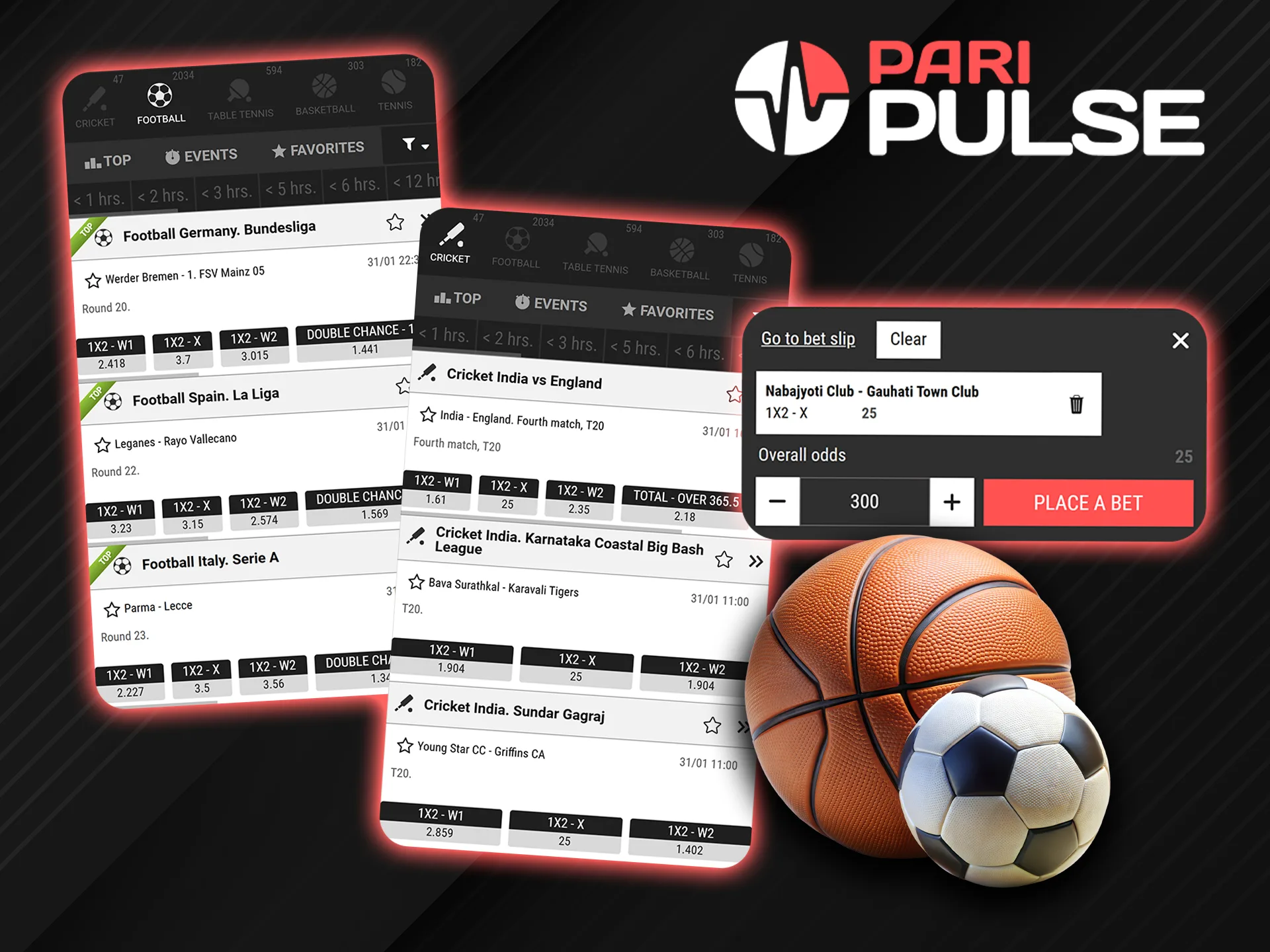 The PariPulse app has a large number of sports available for you to bet on.
