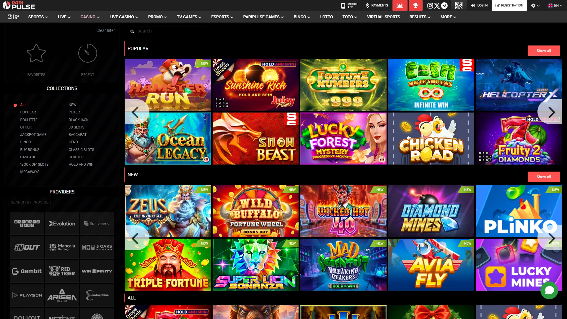 The casino section of the PariPulse website.